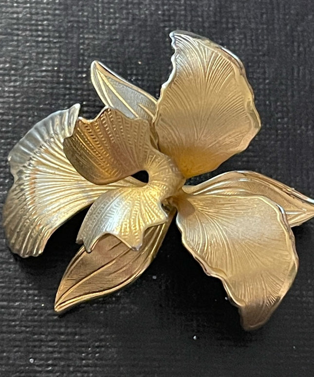 Vintage etched gold plated orchid brooch