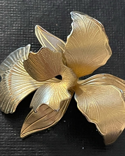 Vintage etched gold plated orchid brooch