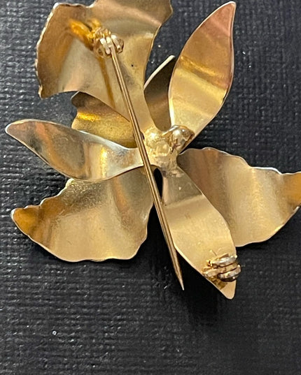 Vintage etched gold plated orchid brooch