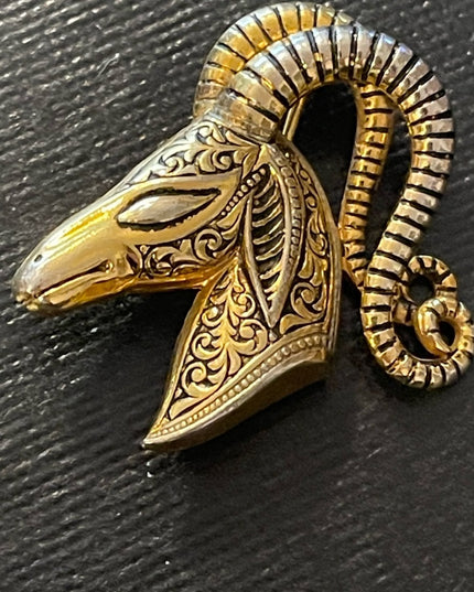 Vintage Gold plt Damascene Ram head brooch