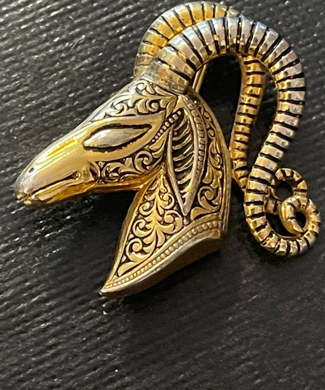 Vintage Gold plt Damascene Ram head brooch
