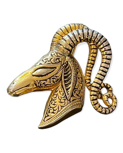 Vintage Gold plt Damascene Ram head brooch