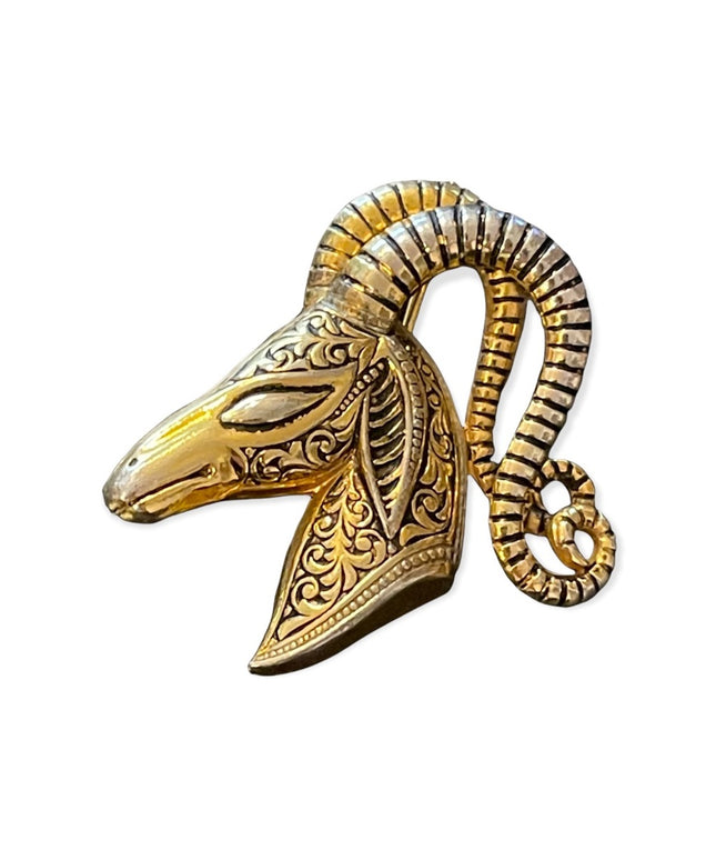 Vintage Gold plt Damascene Ram head brooch