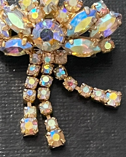 Vintage pinkish AB crystal Art deco style brooch gold accent metal