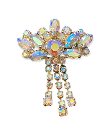 Vintage pinkish AB crystal Art deco style brooch gold accent metal
