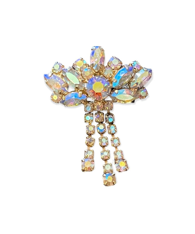 Vintage pinkish AB crystal Art deco style brooch gold accent metal