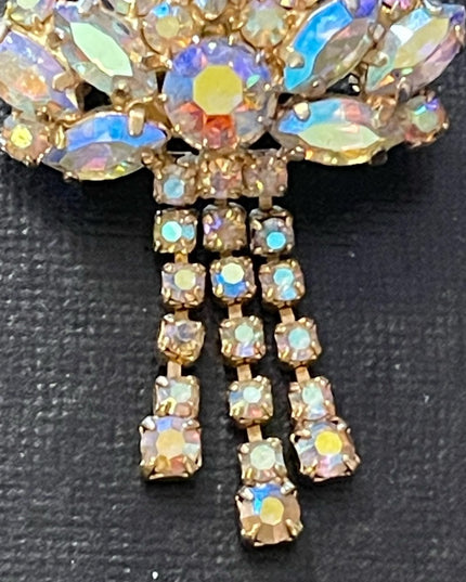 Vintage pinkish AB crystal Art deco style brooch gold accent metal