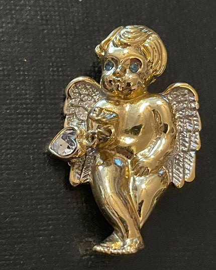 Vintage rhinestone crystal gold tone angel brooch with dangle crystal heart FAC