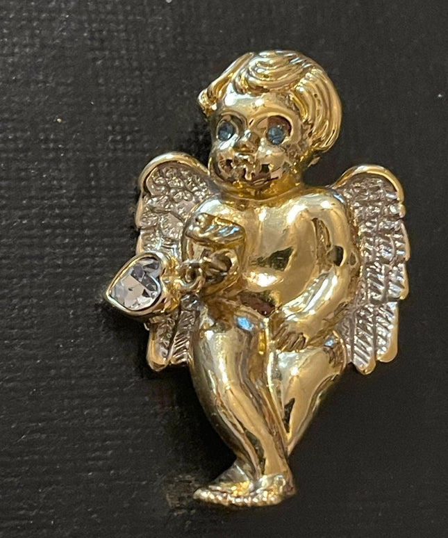 Vintage rhinestone crystal gold tone angel brooch with dangle crystal heart FAC