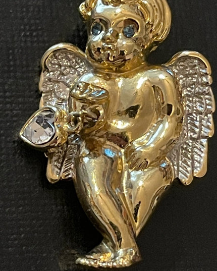 Vintage rhinestone crystal gold tone angel brooch with dangle crystal heart FAC