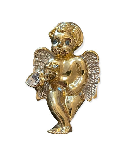 Vintage rhinestone crystal gold tone angel brooch with dangle crystal heart FAC