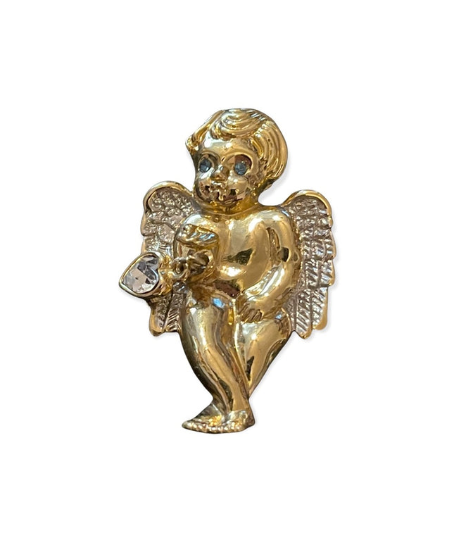 Vintage rhinestone crystal gold tone angel brooch with dangle crystal heart FAC