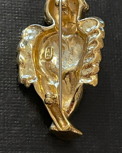 Vintage rhinestone crystal gold tone angel brooch with dangle crystal heart FAC