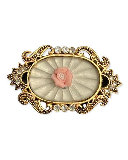 Vintage 1928 Gold tone flower cameo rhinestone brooch