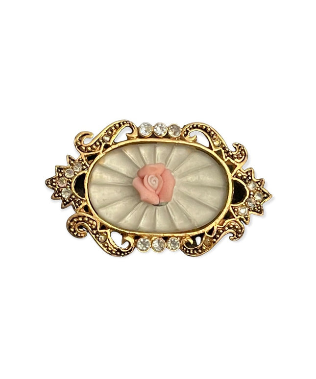 Vintage 1928 Gold tone flower cameo rhinestone brooch