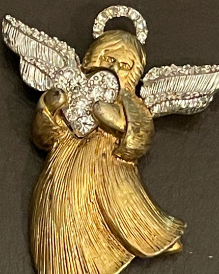Gold & silver rhinestone angel brooch with a heart