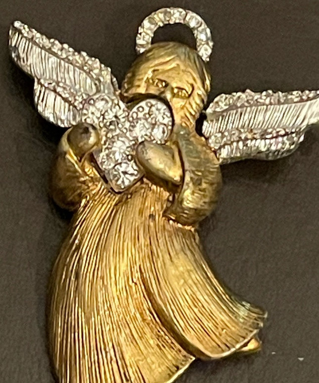 Gold & silver rhinestone angel brooch with a heart