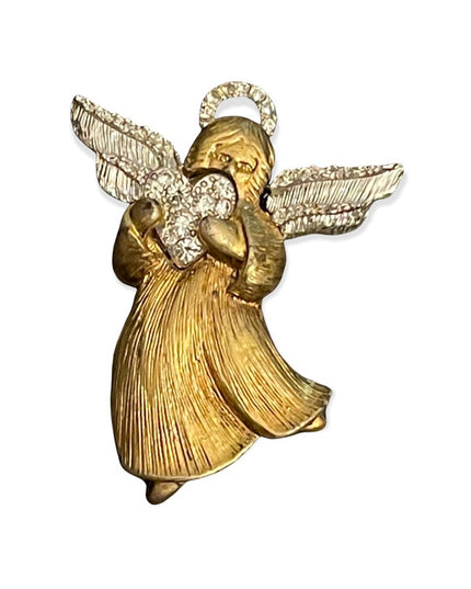 Gold & silver rhinestone angel brooch with a heart