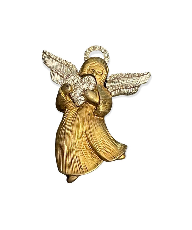 Gold & silver rhinestone angel brooch with a heart