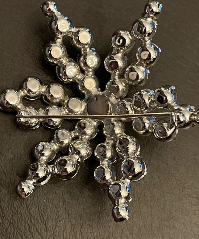 Large vintage green hue crystal AB brooch silver metal