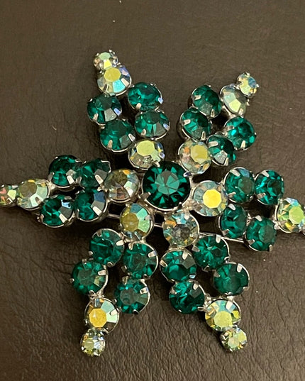 Large vintage green hue crystal AB brooch silver metal