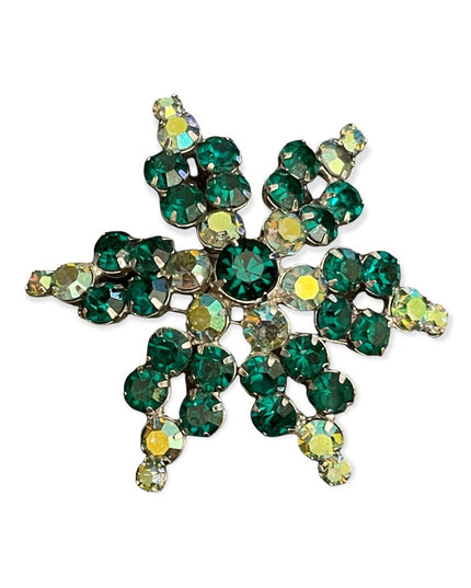 Large vintage green hue crystal AB brooch silver metal