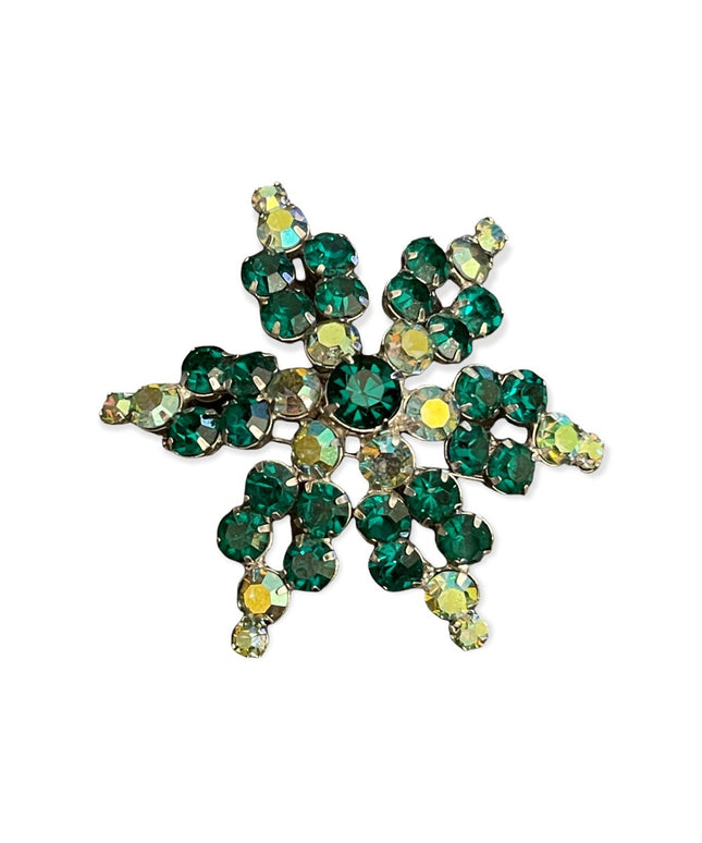 Large vintage green hue crystal AB brooch silver metal
