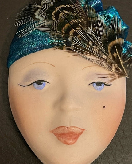 Vintage Ceramic handmade artisan lady head face fancy brooch