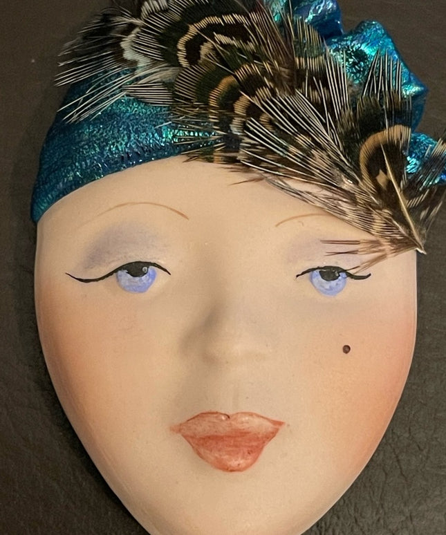 Vintage Ceramic handmade artisan lady head face fancy brooch
