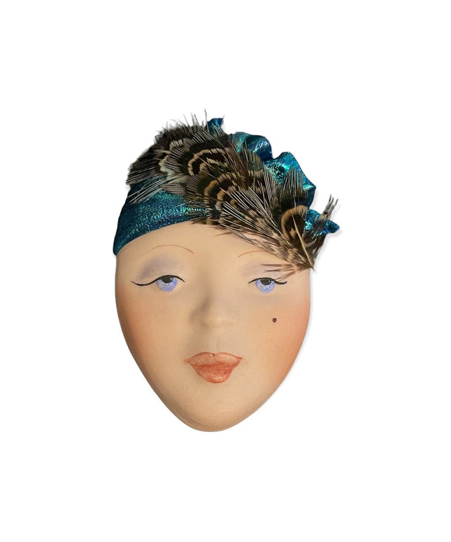 Vintage Ceramic handmade artisan lady head face fancy brooch