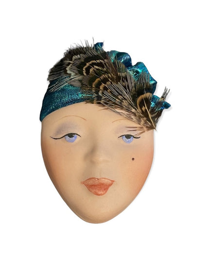 Vintage Ceramic handmade artisan lady head face fancy brooch