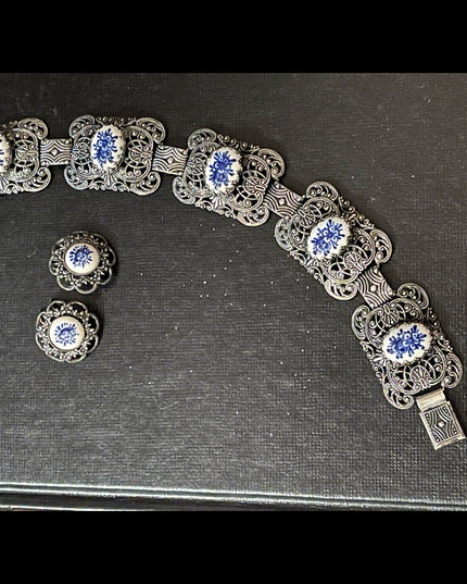 Vintage Dutch Ceramic silver filagree etched bracelet & earrings