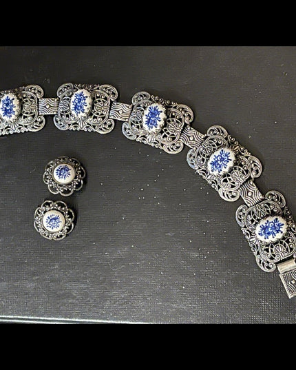 Vintage Dutch Ceramic silver filagree etched bracelet & earrings