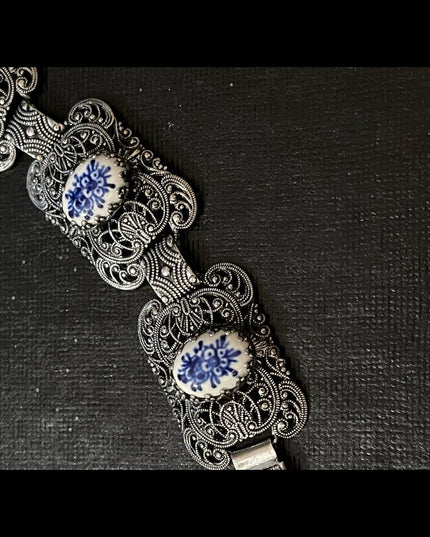 Vintage Dutch Ceramic silver filagree etched bracelet & earrings