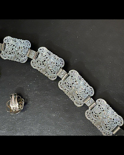 Vintage Dutch Ceramic silver filagree etched bracelet & earrings