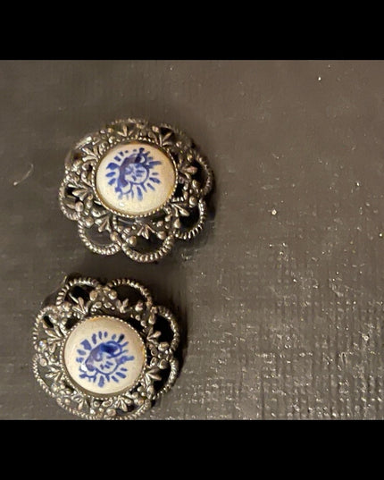 Vintage Dutch Ceramic silver filagree etched bracelet & earrings
