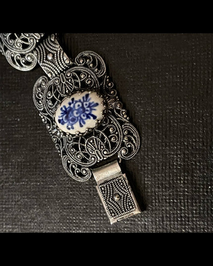 Vintage Dutch Ceramic silver filagree etched bracelet & earrings