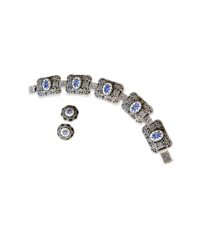 Vintage Dutch Ceramic silver filagree etched bracelet & earrings