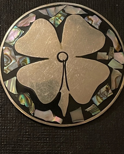 Vintage 4 leaf clover abalaone Silver alpaca Mexico brooch necklace pendant