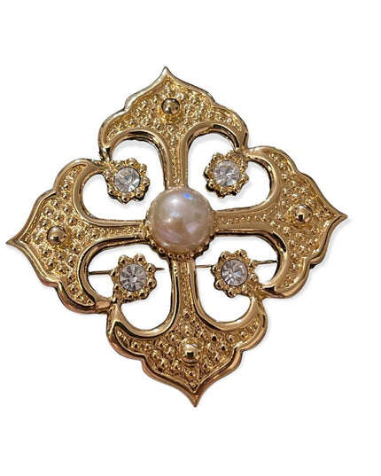 Fancy gold faux pearl & crystal square brooch large