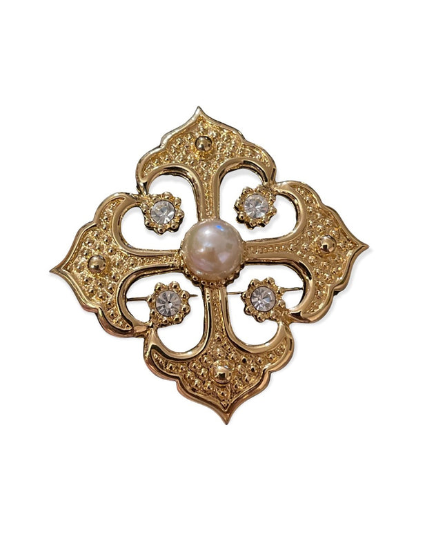 Fancy gold faux pearl & crystal square brooch large