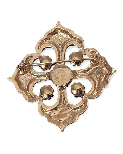 Fancy gold faux pearl & crystal square brooch large