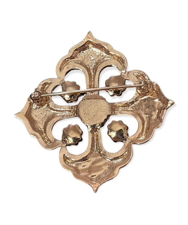 Fancy gold faux pearl & crystal square brooch large