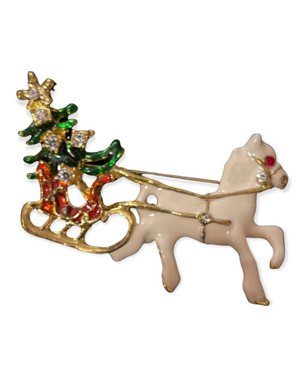 Vintage enameled with crystal horse sled presents christmas brooch