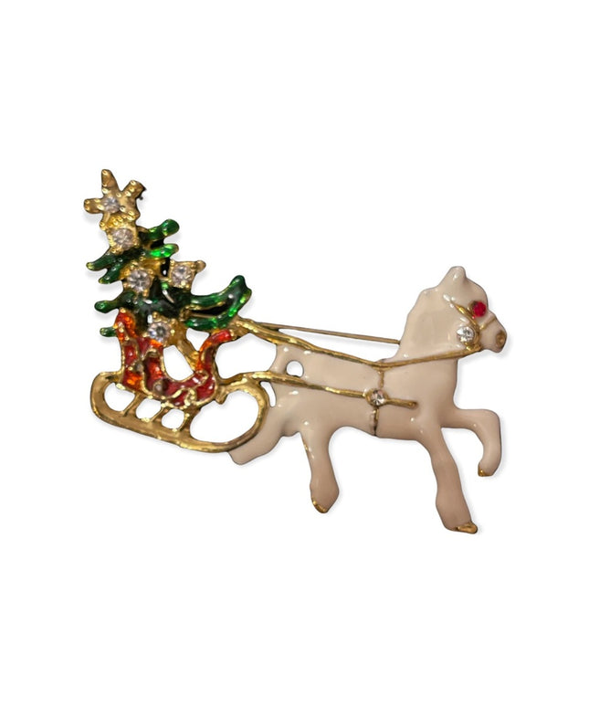 Vintage enameled with crystal horse sled presents christmas brooch