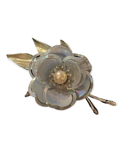 Beautiful large blue metal faux pearl flower brooch 1970s