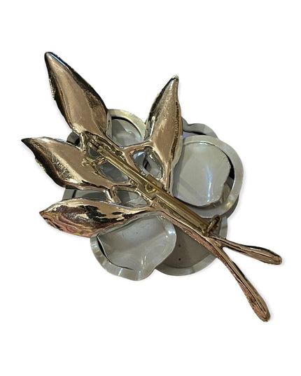 Beautiful large blue metal faux pearl flower brooch 1970s