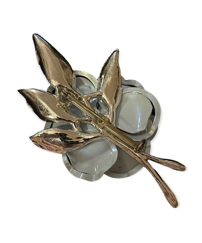 Beautiful large blue metal faux pearl flower brooch 1970s