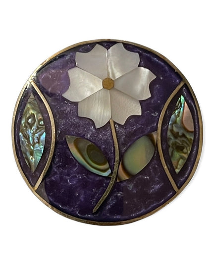 Vintage Alpaca Silver Mexico purple flower abalone round brooch