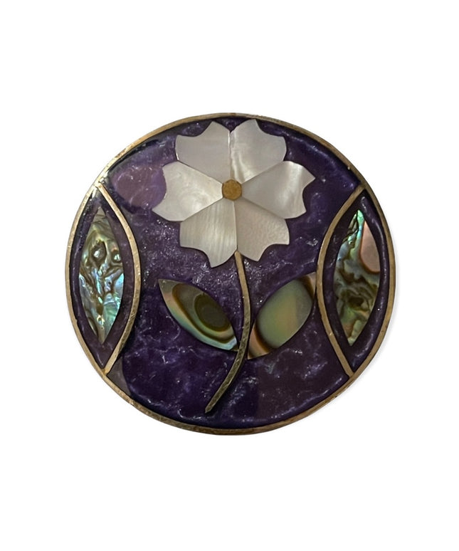 Vintage Alpaca Silver Mexico purple flower abalone round brooch